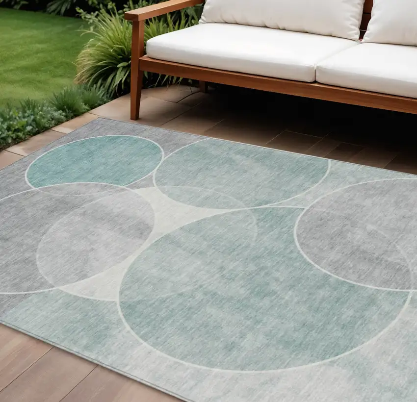 Teal Blue Ivory And Gray Geometric Washable Indoor Outdoor Area Rug Photo 1