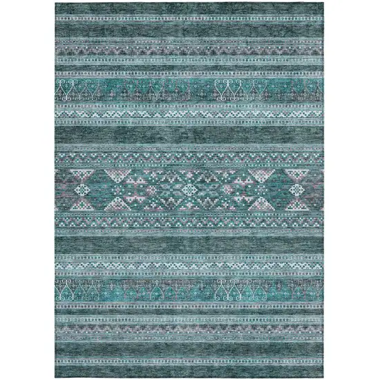 Teal Blue Ivory And Gray Southwestern Washable Indoor Outdoor Area Rug Photo 6