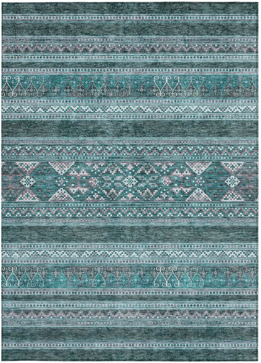 Teal Blue Ivory And Gray Southwestern Washable Indoor Outdoor Area Rug Photo 6