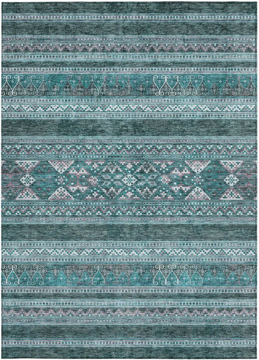 Teal Blue Ivory And Gray Southwestern Washable Indoor Outdoor Area Rug Photo 6