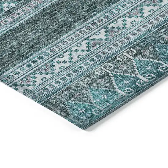Teal Blue Ivory And Gray Southwestern Washable Indoor Outdoor Area Rug Photo 4
