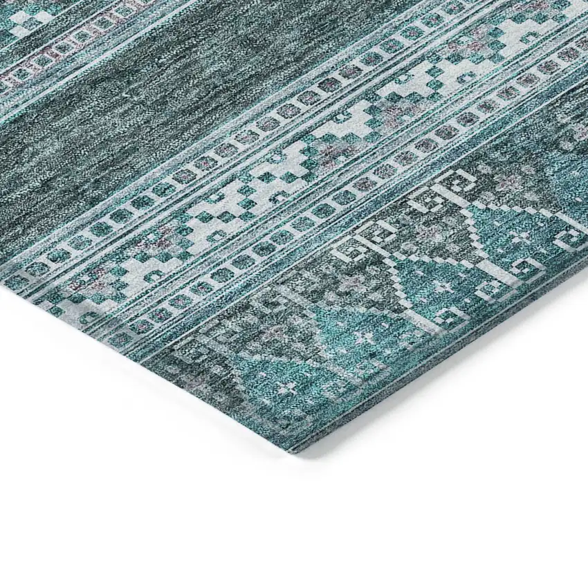 Teal Blue Ivory And Gray Southwestern Washable Indoor Outdoor Area Rug Photo 4