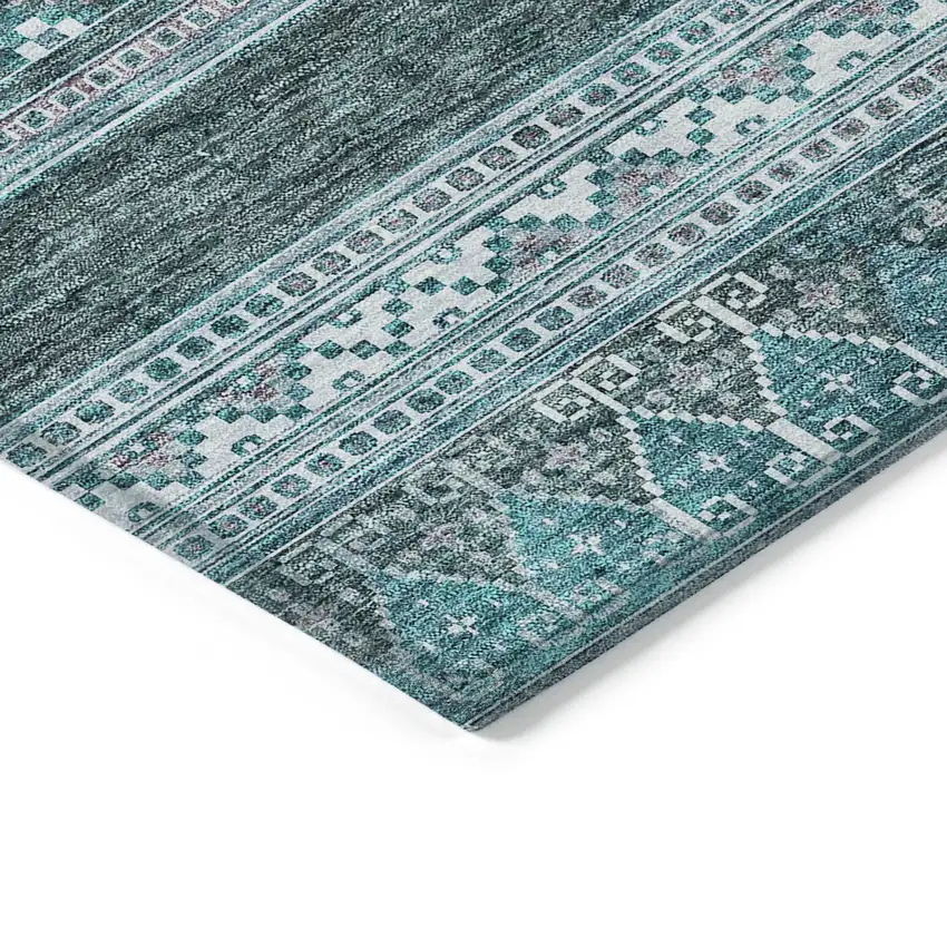 Teal Blue Ivory And Gray Southwestern Washable Indoor Outdoor Area Rug Photo 4