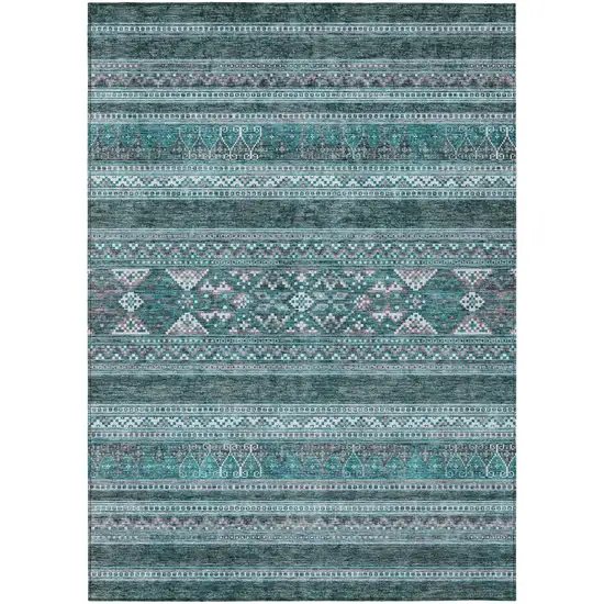 Teal Blue Ivory And Gray Southwestern Washable Indoor Outdoor Area Rug Photo 1