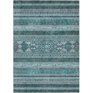 Photo of Teal Blue Ivory And Gray Southwestern Washable Indoor Outdoor Area Rug