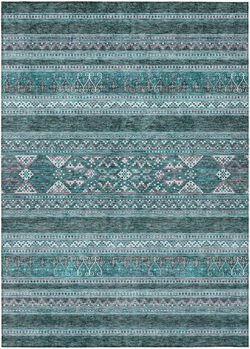 Teal Blue Ivory And Gray Southwestern Washable Indoor Outdoor Area Rug Photo 1
