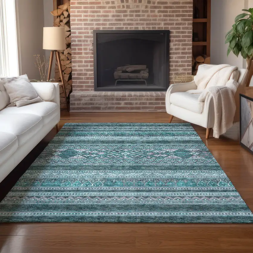 Teal Blue Ivory And Gray Southwestern Washable Indoor Outdoor Area Rug Photo 9