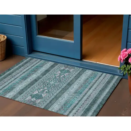 Teal Blue Ivory And Gray Southwestern Washable Indoor Outdoor Area Rug Photo 1