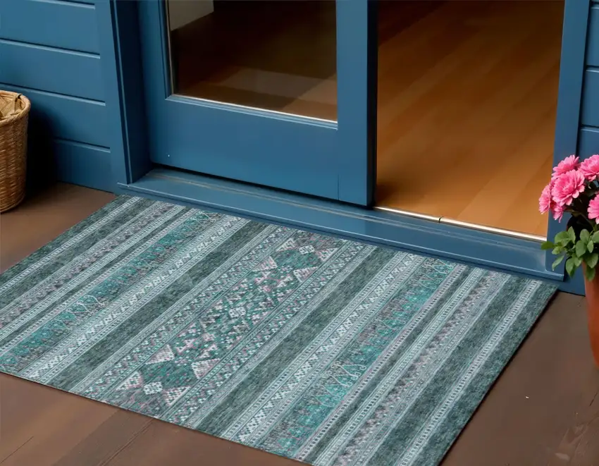 Teal Blue Ivory And Gray Southwestern Washable Indoor Outdoor Area Rug Photo 1