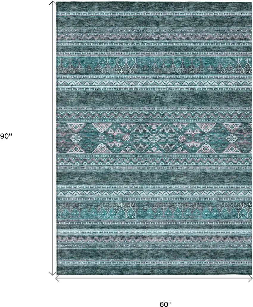 Teal Blue Ivory And Gray Southwestern Washable Indoor Outdoor Area Rug Photo 3