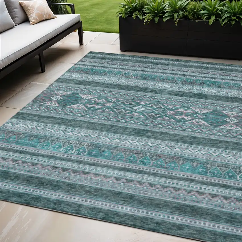 Teal Blue Ivory And Gray Southwestern Washable Indoor Outdoor Area Rug Photo 1