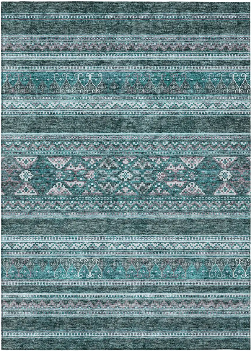 Teal Blue Ivory And Gray Southwestern Washable Indoor Outdoor Area Rug Photo 1