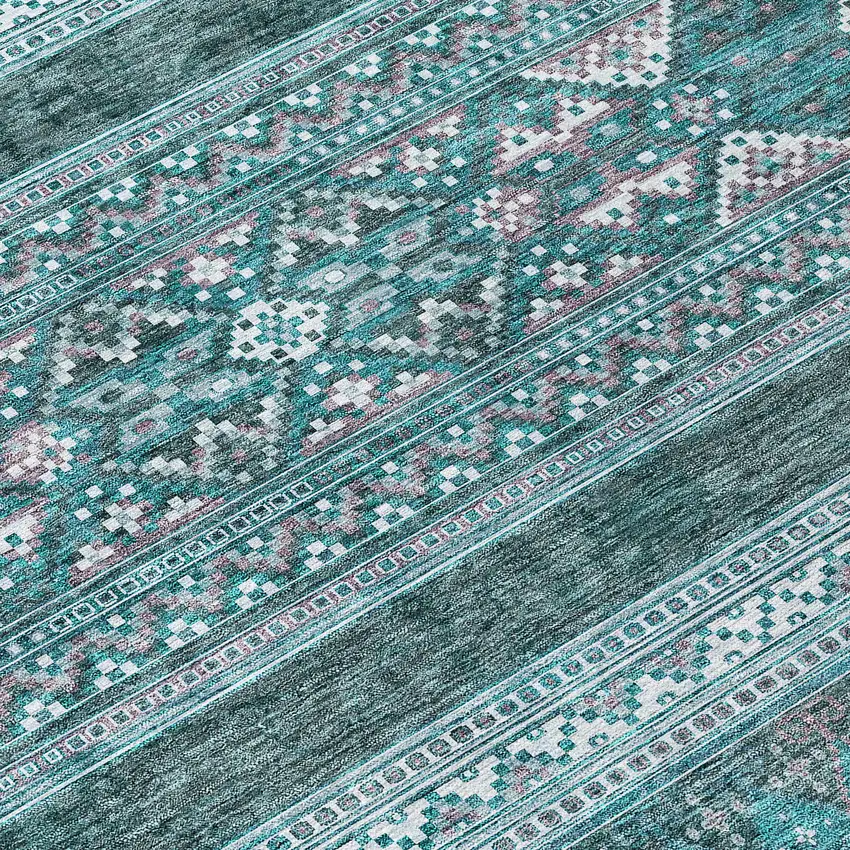 Teal Blue Ivory And Gray Southwestern Washable Indoor Outdoor Area Rug Photo 3