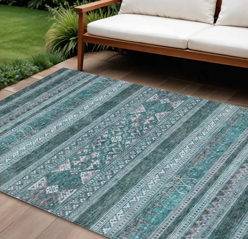 Teal Blue Ivory And Gray Southwestern Washable Indoor Outdoor Area Rug Photo 1