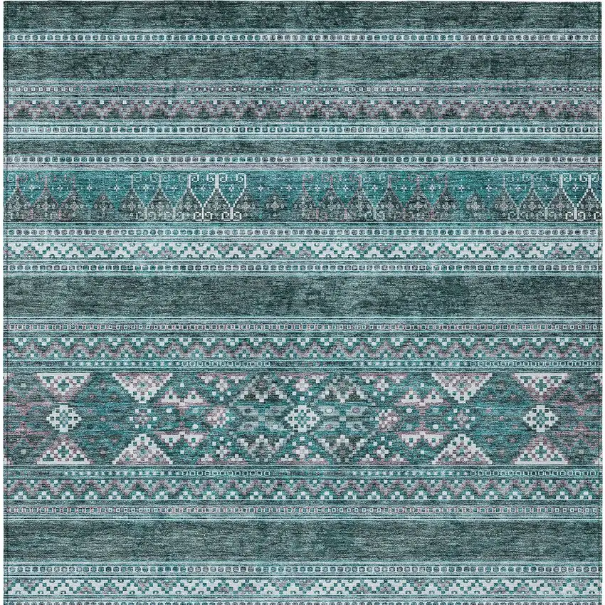 Teal Blue Ivory And Gray Southwestern Washable Indoor Outdoor Area Rug Photo 5