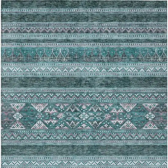 Teal Blue Ivory And Gray Southwestern Washable Indoor Outdoor Area Rug Photo 4
