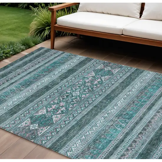 Teal Blue Ivory And Gray Southwestern Washable Indoor Outdoor Area Rug Photo 1