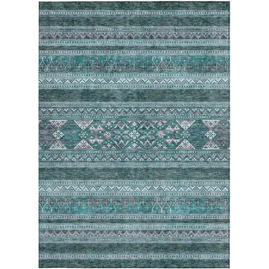 Teal Blue Ivory And Gray Southwestern Washable Indoor Outdoor Area Rug Photo 5