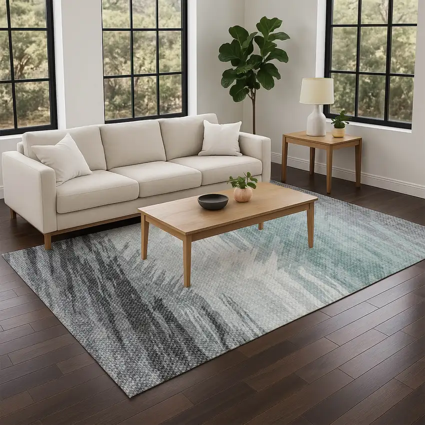 Teal Blue Ivory And Gray Striped Washable Indoor Outdoor Area Rug Photo 7