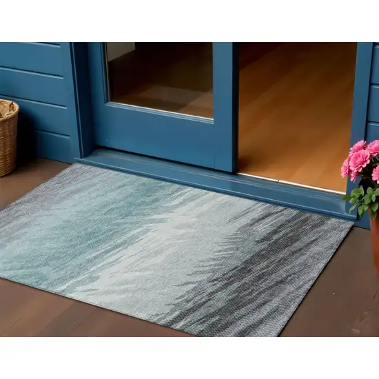 Teal Blue Ivory And Gray Striped Washable Indoor Outdoor Area Rug Photo 1