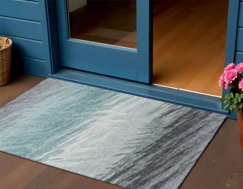 Teal Blue Ivory And Gray Striped Washable Indoor Outdoor Area Rug Photo 1