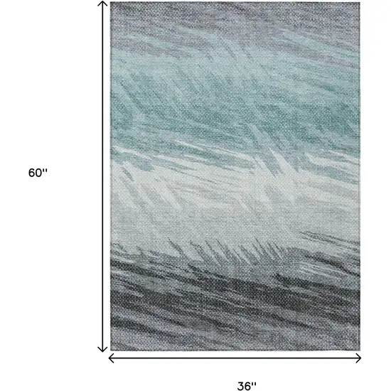 Teal Blue Ivory And Gray Striped Washable Indoor Outdoor Area Rug Photo 3