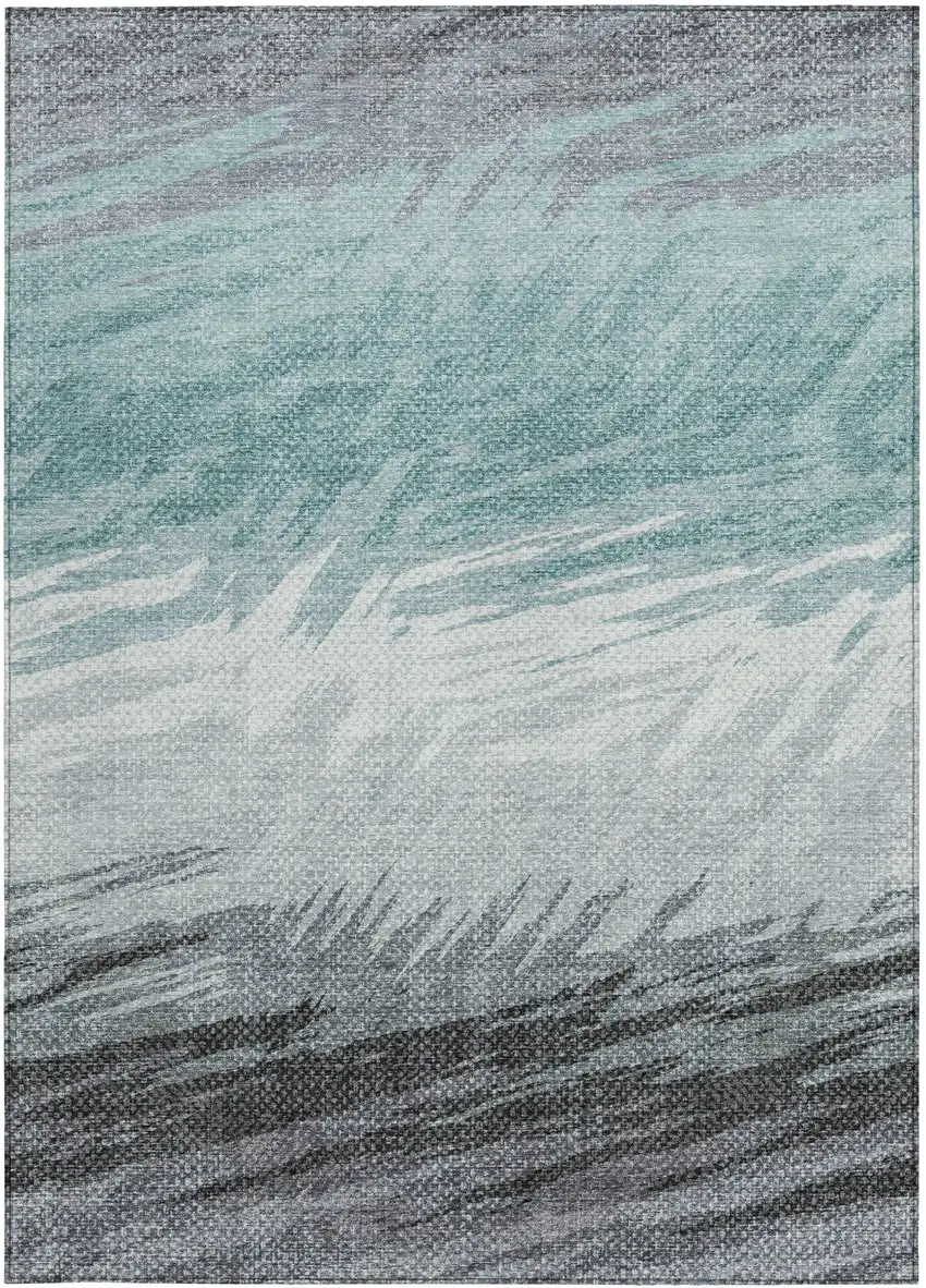 Teal Blue Ivory And Gray Striped Washable Indoor Outdoor Area Rug Photo 4