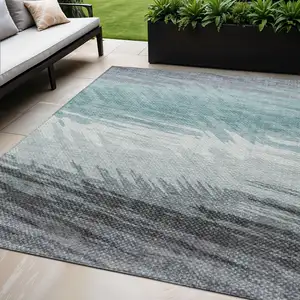 Photo of Teal Blue Ivory And Gray Striped Washable Indoor Outdoor Area Rug