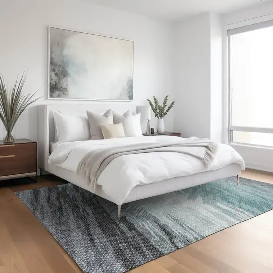 Teal Blue Ivory And Gray Striped Washable Indoor Outdoor Area Rug Photo 9