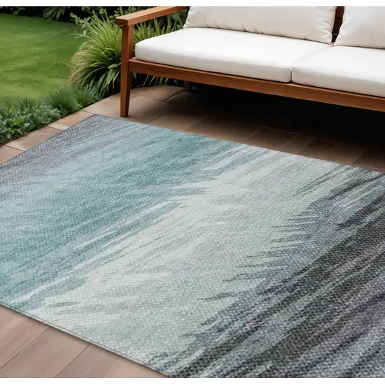 Teal Blue Ivory And Gray Striped Washable Indoor Outdoor Area Rug Photo 1
