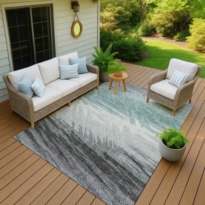 Teal Blue Ivory And Gray Striped Washable Indoor Outdoor Area Rug Photo 7