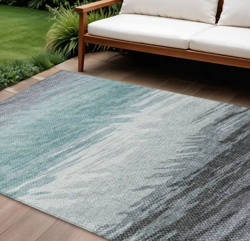 Teal Blue Ivory And Gray Striped Washable Indoor Outdoor Area Rug Photo 1