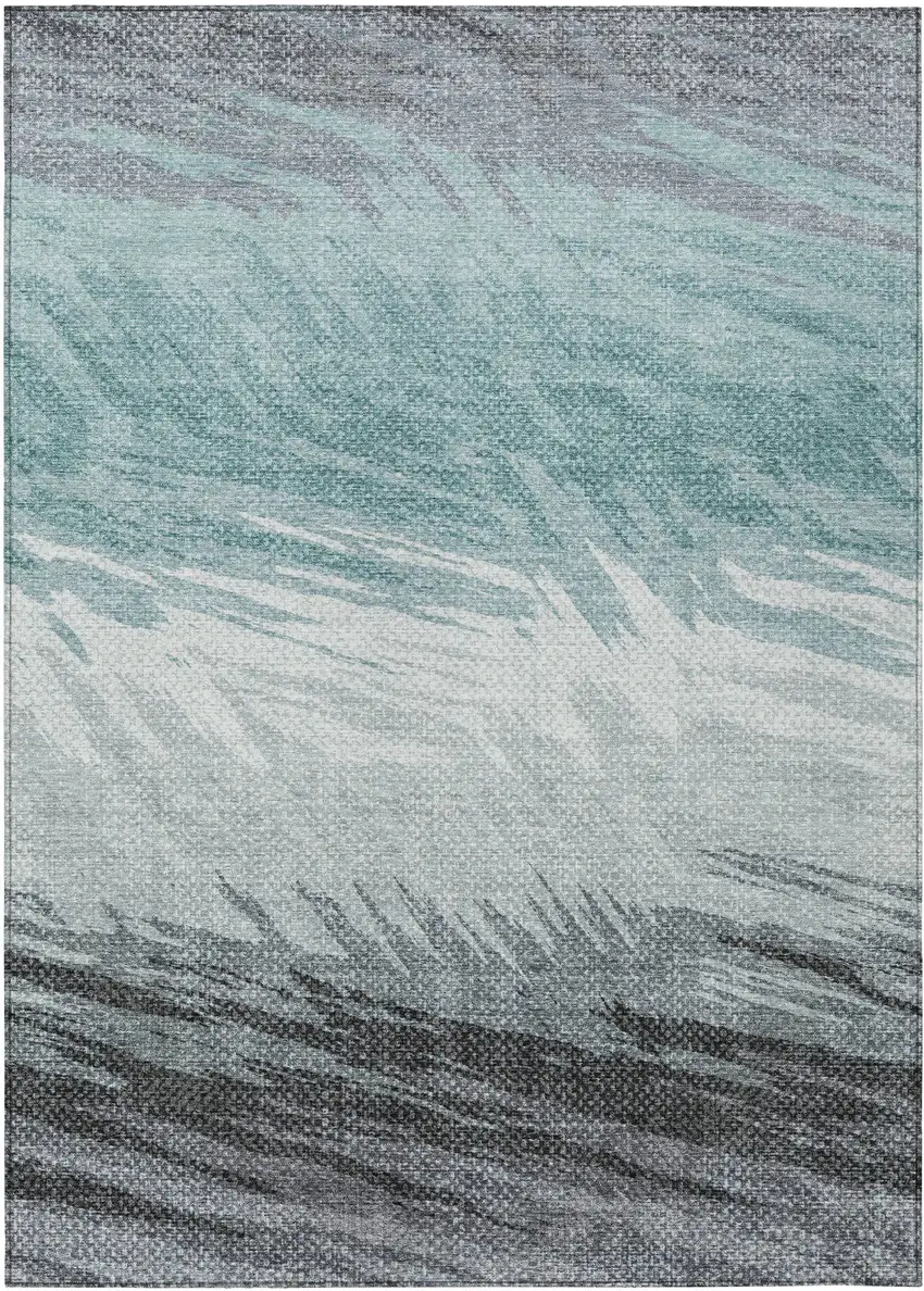 Teal Blue Ivory And Gray Striped Washable Indoor Outdoor Area Rug Photo 4