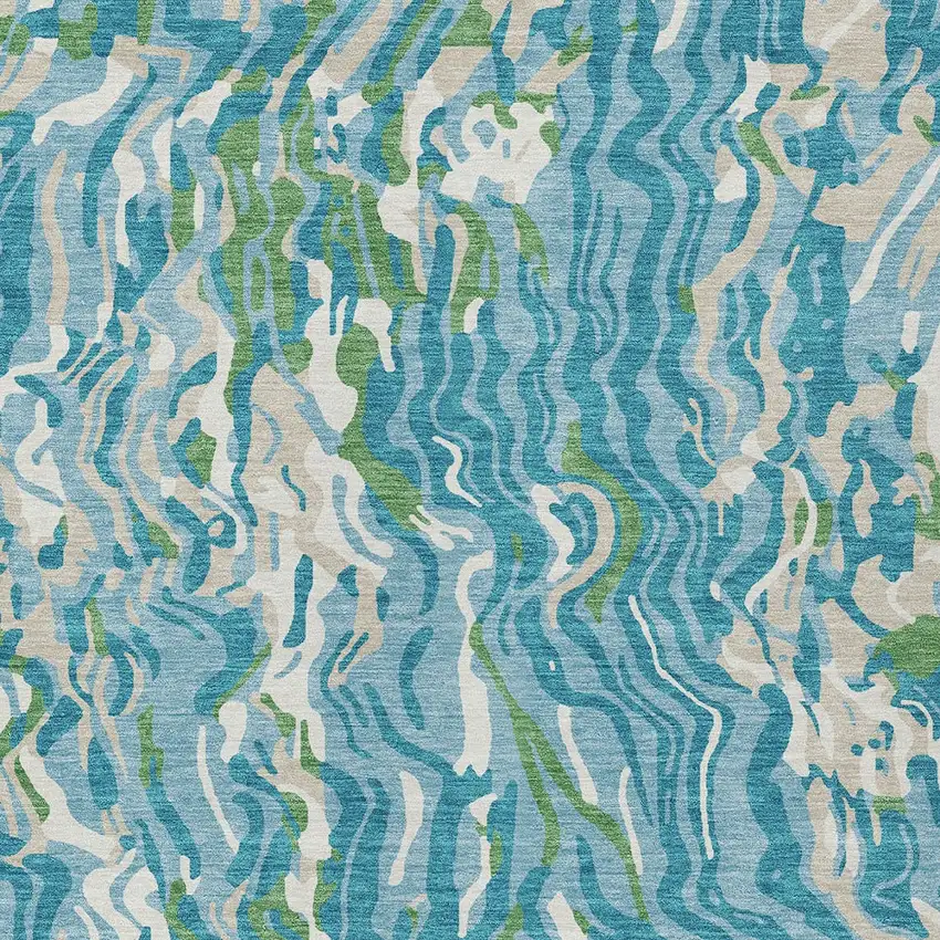 Teal Blue Ivory And Green Abstract Washable Indoor Outdoor Area Rug Photo 7