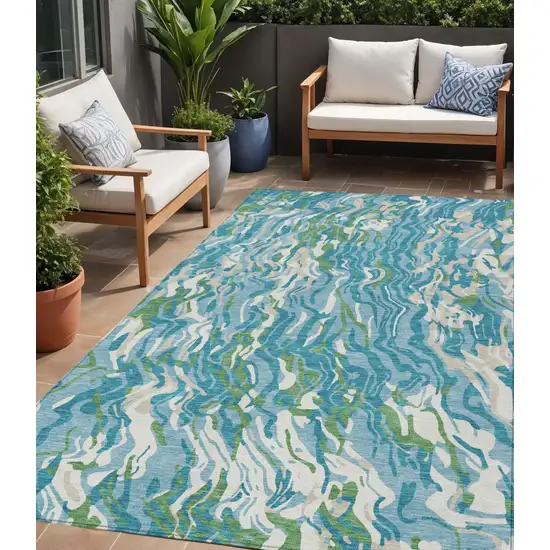 Teal Blue Ivory And Green Abstract Washable Indoor Outdoor Area Rug Photo 1