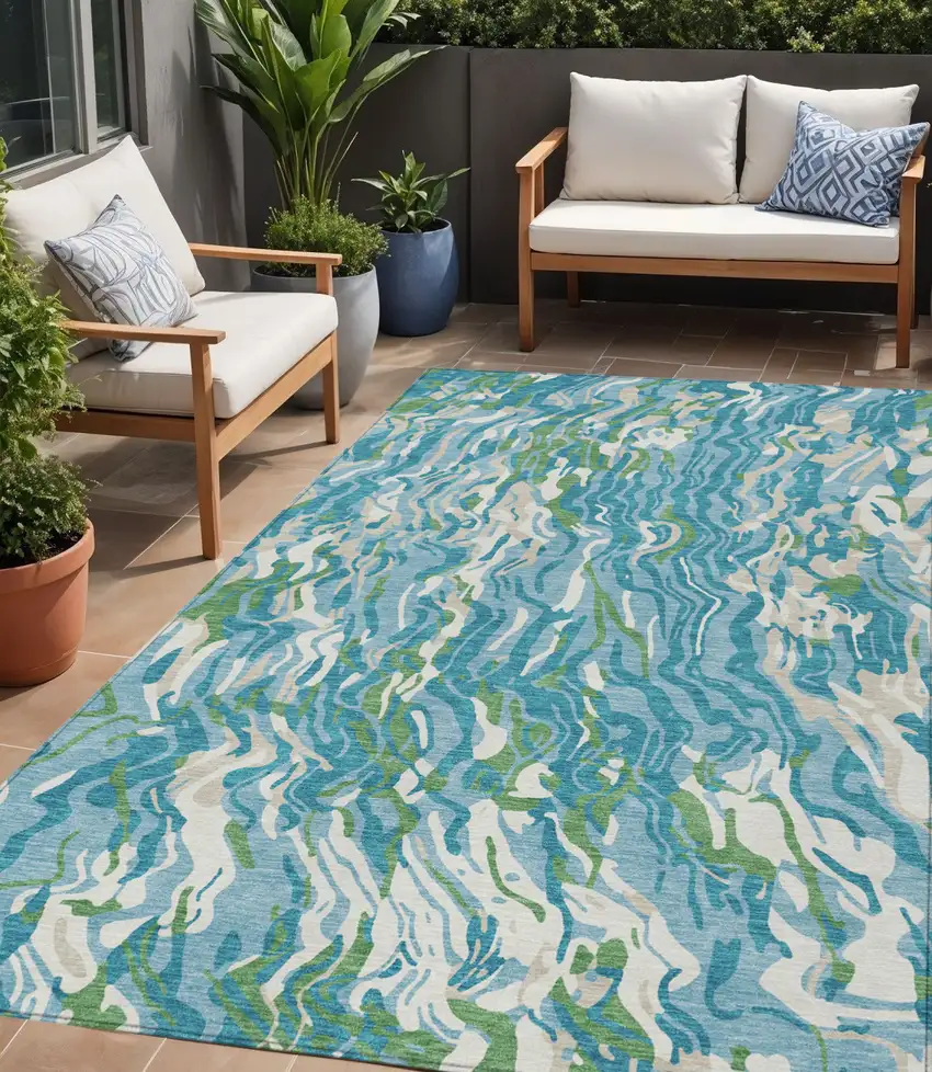 Teal Blue Ivory And Green Abstract Washable Indoor Outdoor Area Rug Photo 1
