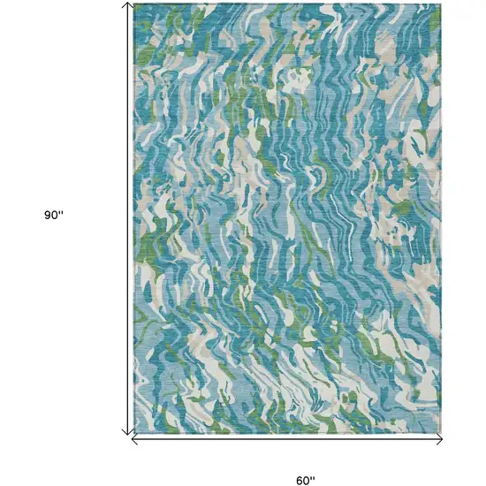 Teal Blue Ivory And Green Abstract Washable Indoor Outdoor Area Rug Photo 8