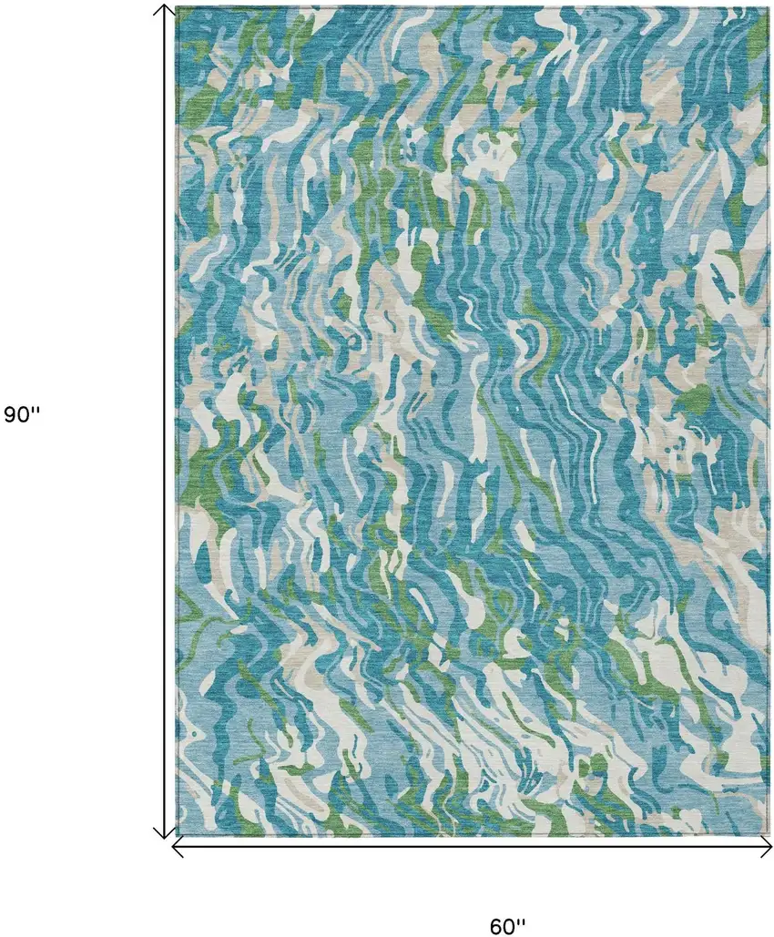 Teal Blue Ivory And Green Abstract Washable Indoor Outdoor Area Rug Photo 8
