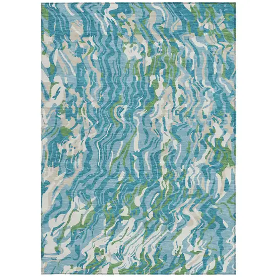 Teal Blue Ivory And Green Abstract Washable Indoor Outdoor Area Rug Photo 7