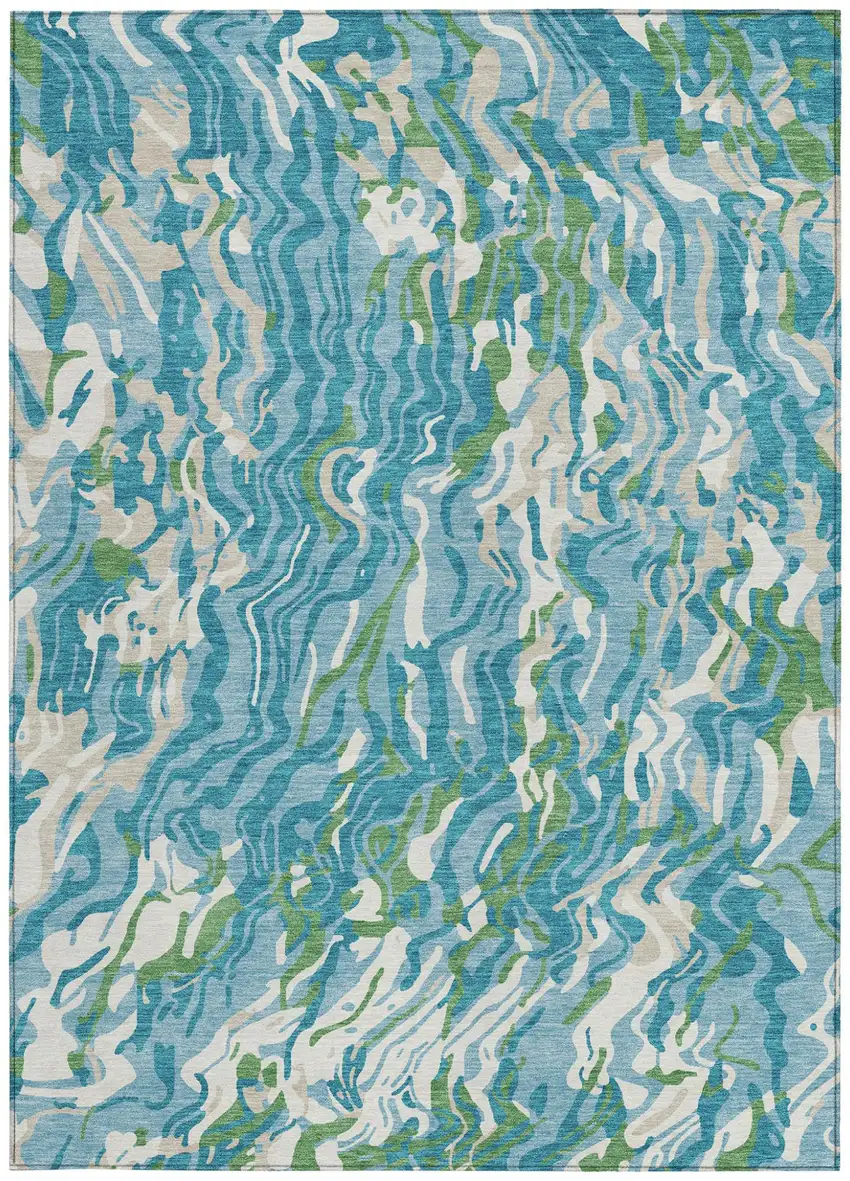 Teal Blue Ivory And Green Abstract Washable Indoor Outdoor Area Rug Photo 7