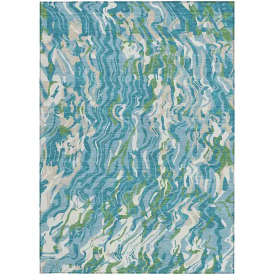 Teal Blue Ivory And Green Abstract Washable Indoor Outdoor Area Rug Photo 8