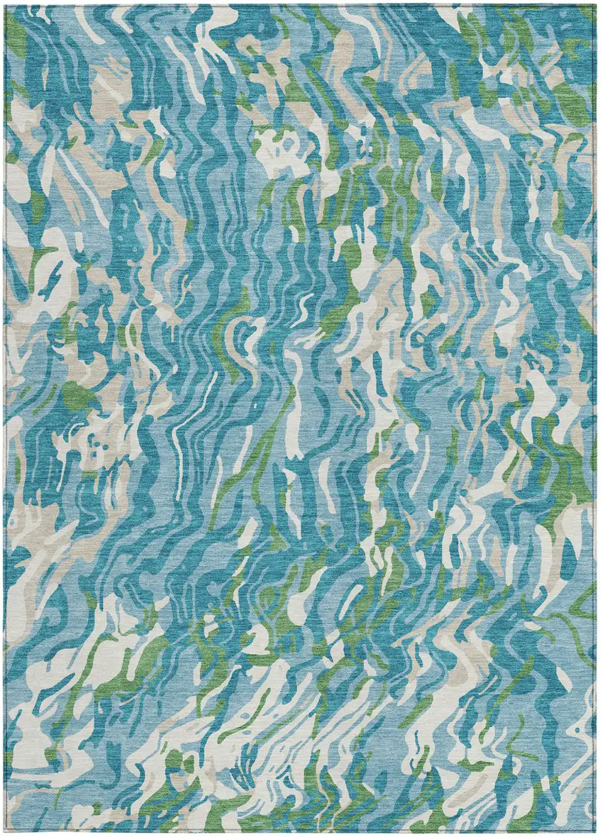 Teal Blue Ivory And Green Abstract Washable Indoor Outdoor Area Rug Photo 8