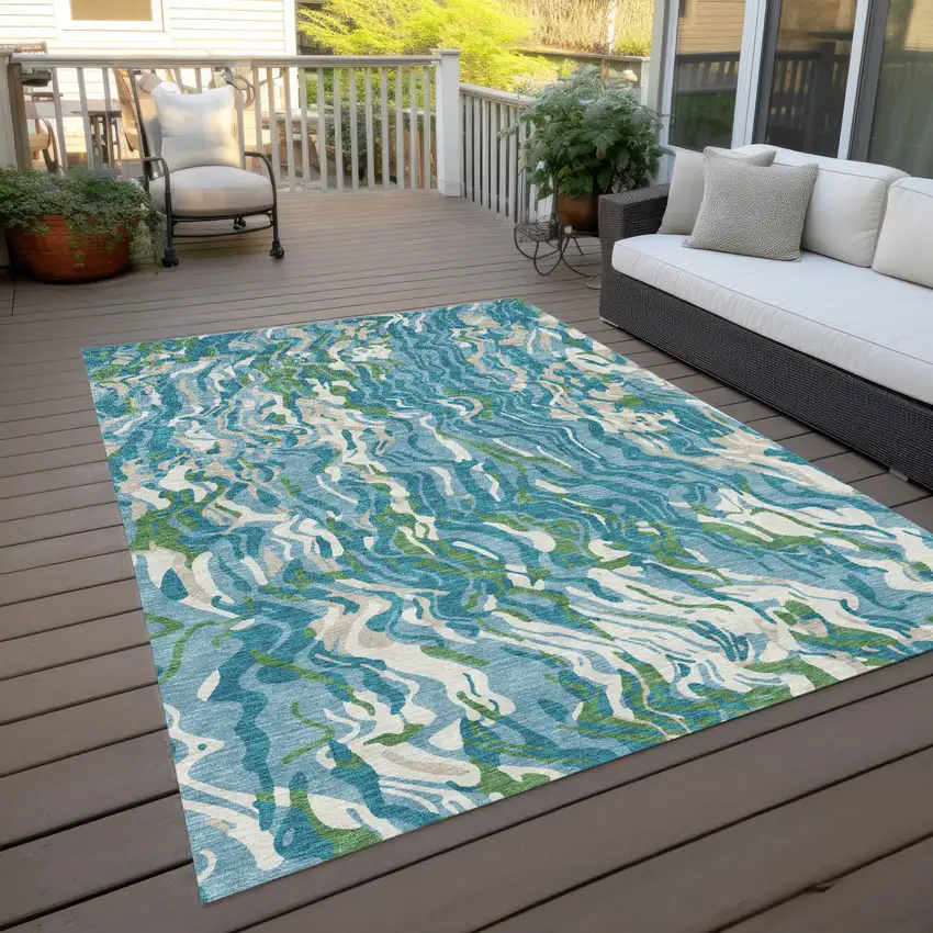 Teal Blue Ivory And Green Abstract Washable Indoor Outdoor Area Rug Photo 9