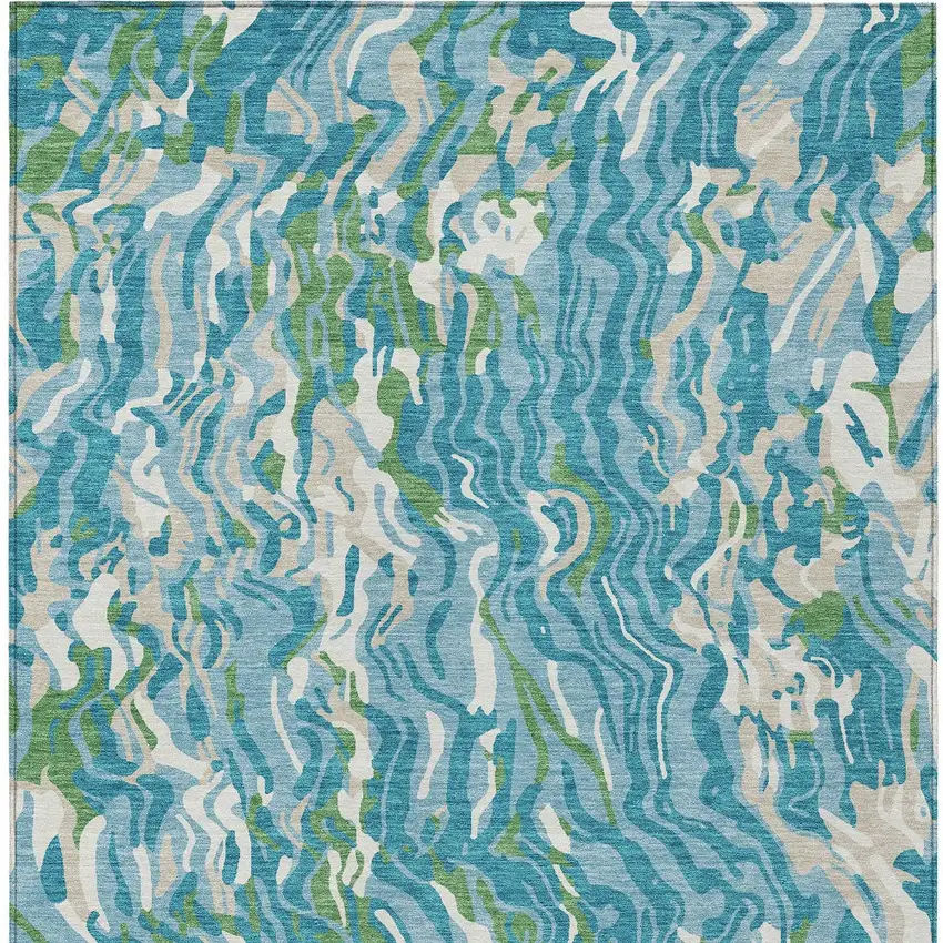 Teal Blue Ivory And Green Abstract Washable Indoor Outdoor Area Rug Photo 7