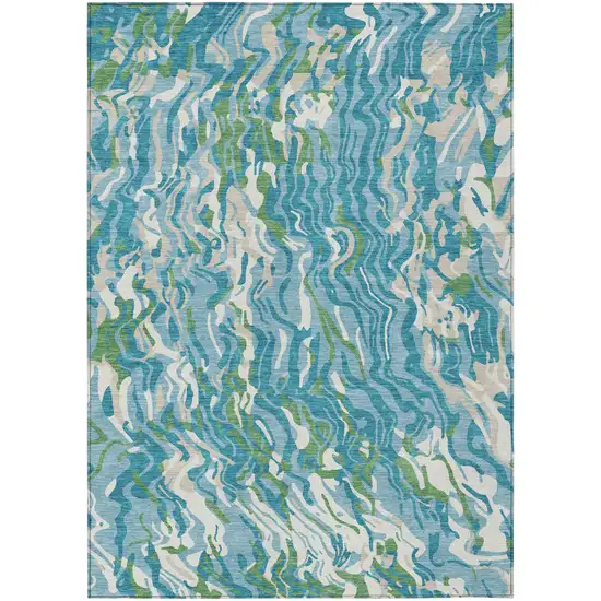 Teal Blue Ivory And Green Abstract Washable Indoor Outdoor Area Rug Photo 2