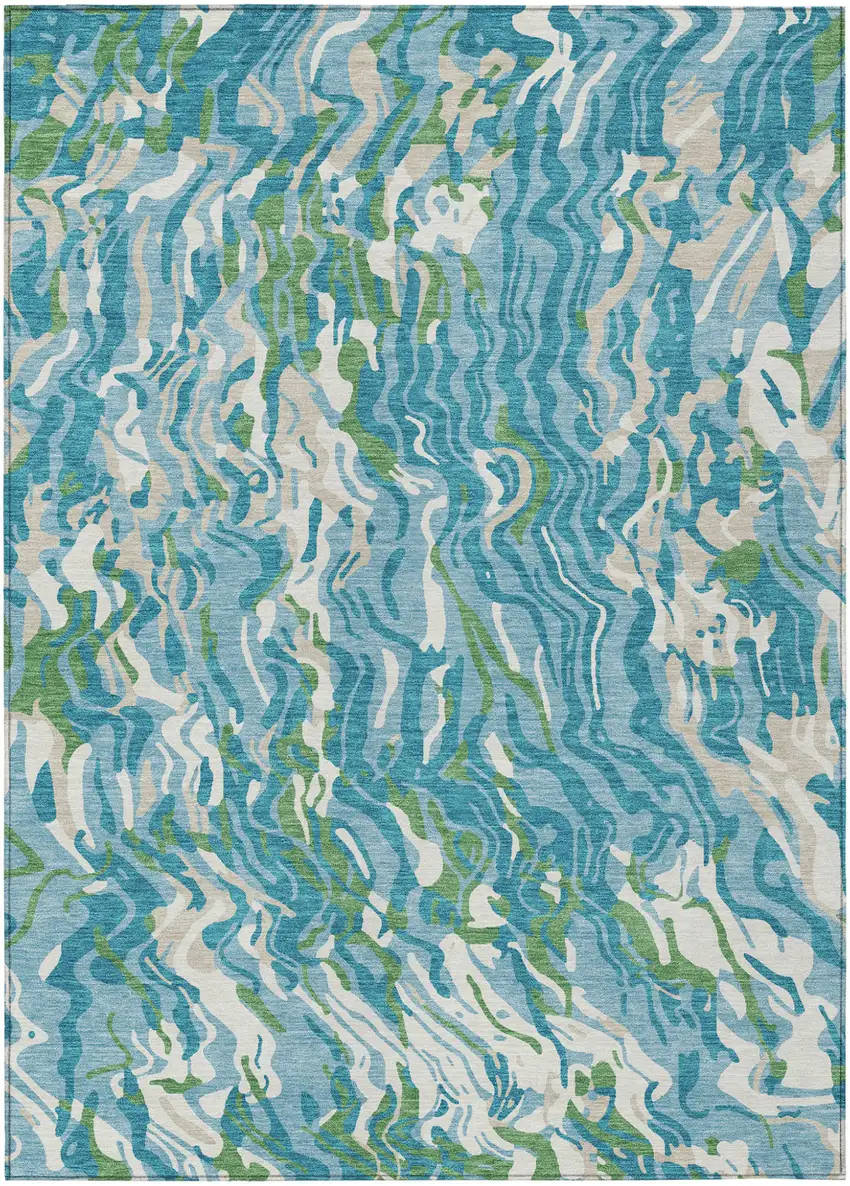 Teal Blue Ivory And Green Abstract Washable Indoor Outdoor Area Rug Photo 2
