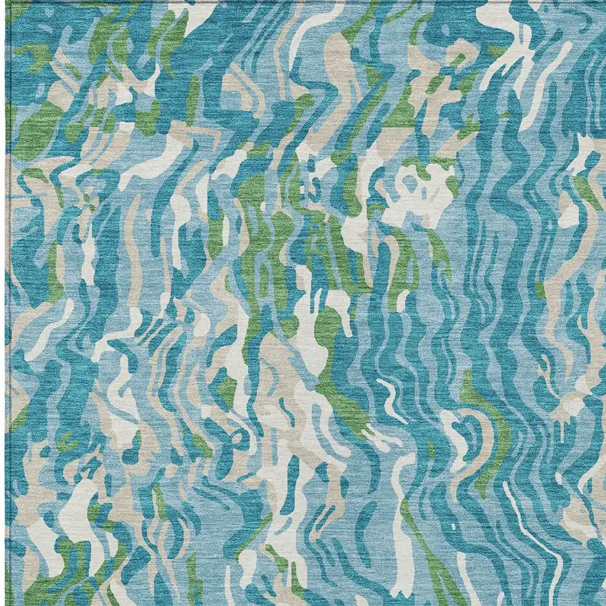 Teal Blue Ivory And Green Abstract Washable Indoor Outdoor Area Rug Photo 7