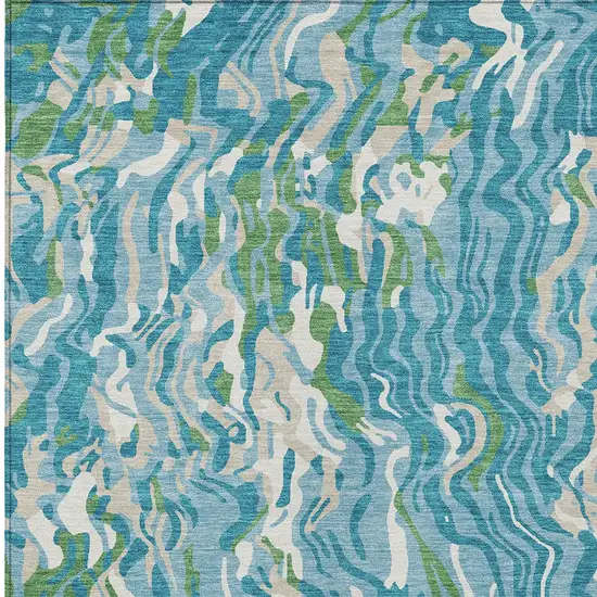 Teal Blue Ivory And Green Abstract Washable Indoor Outdoor Area Rug Photo 7