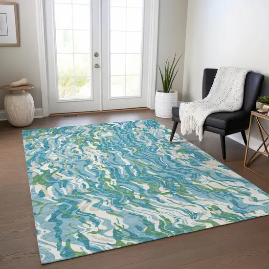 Teal Blue Ivory And Green Abstract Washable Indoor Outdoor Area Rug Photo 9