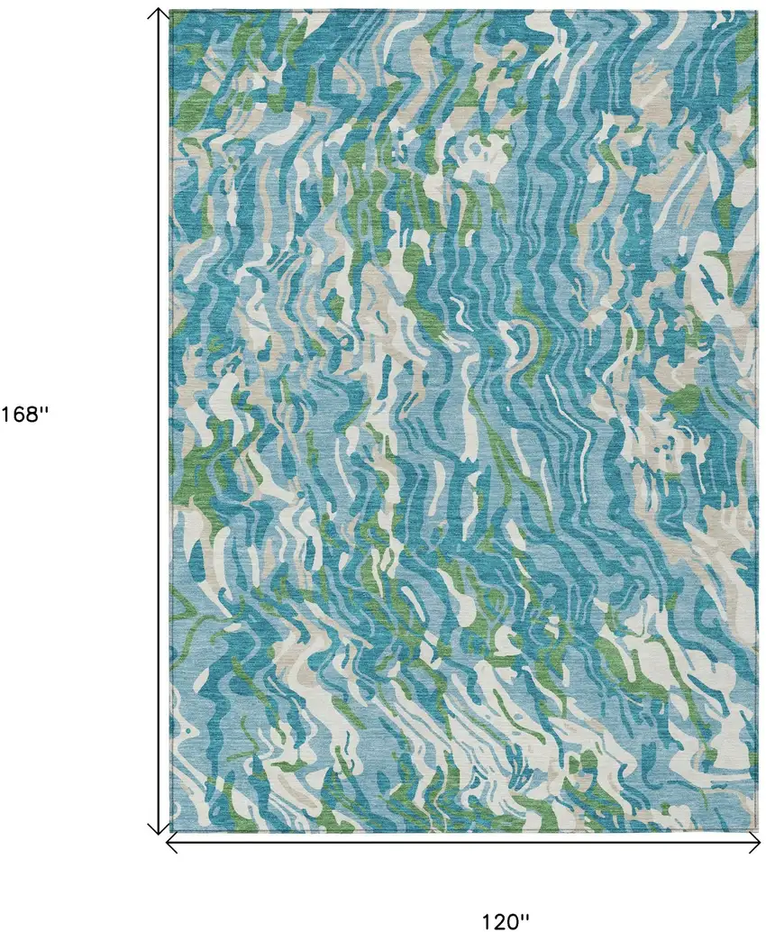 Teal Blue Ivory And Green Abstract Washable Indoor Outdoor Area Rug Photo 3